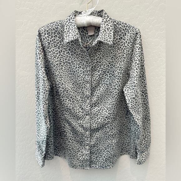 CHICO’S | Gray Leopard Animal Print Office Button Down Long Sleeve Top | 8/10 - Picture 1 of 6